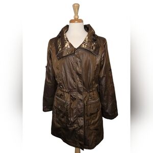 Brown Longline Trench Coat with Animal Print Chain Lining‎ – Y2K Mob Wife Size L